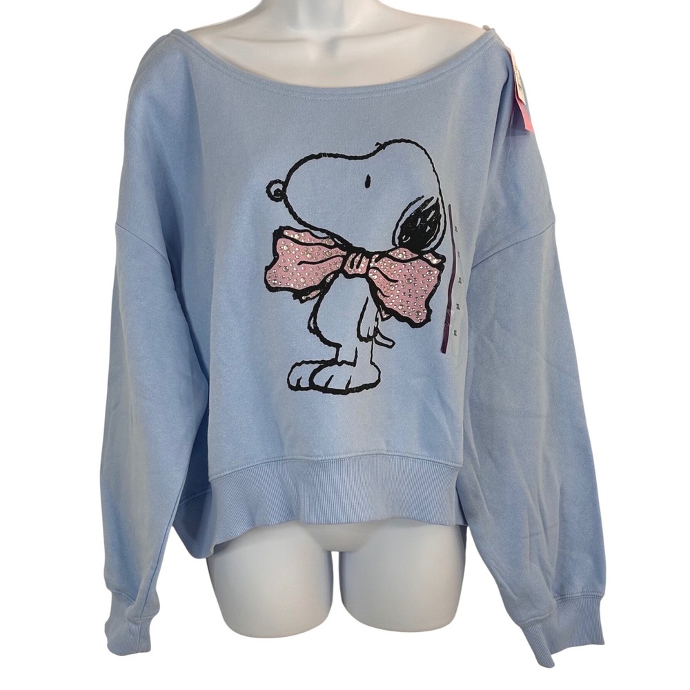 NWT Peanuts Snoopy Women's XL Light Blue Pink Rhinestone Bow Boat Neck Cropped